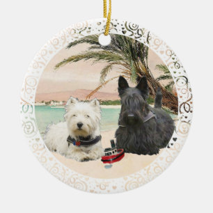 Westie & Scottie on Palmy Beach Ceramic Ornament