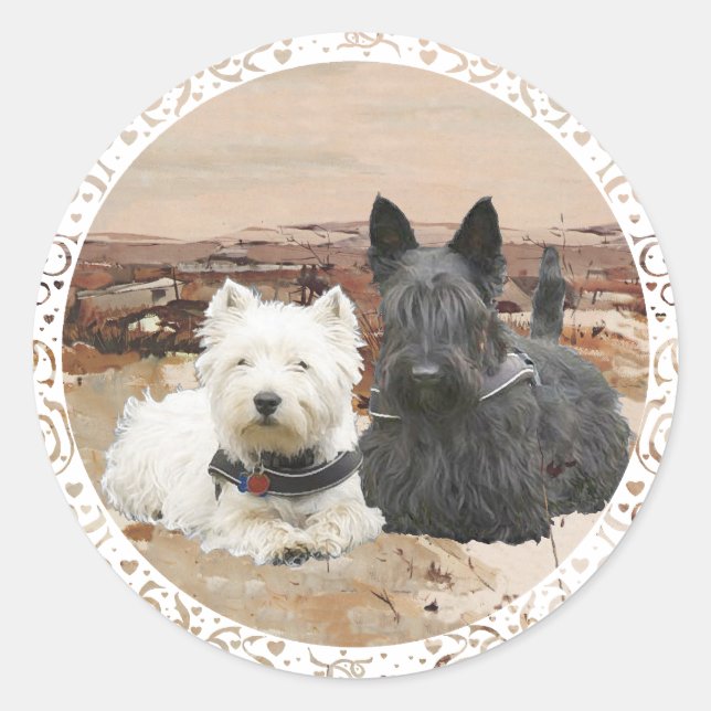 Westie & Scottie Together Autumn Classic Round Sticker (Front)
