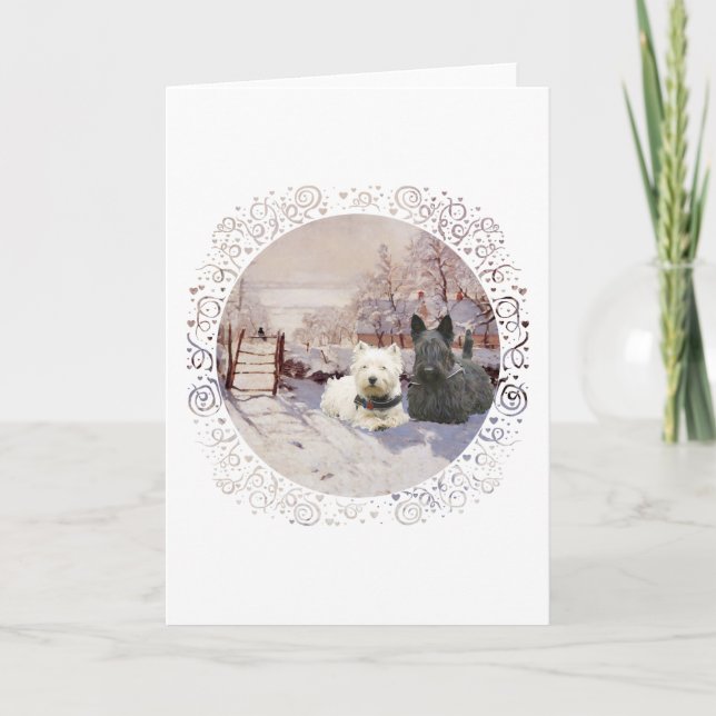 Westie & Scottie Winter Magpie Holiday Card (Front)