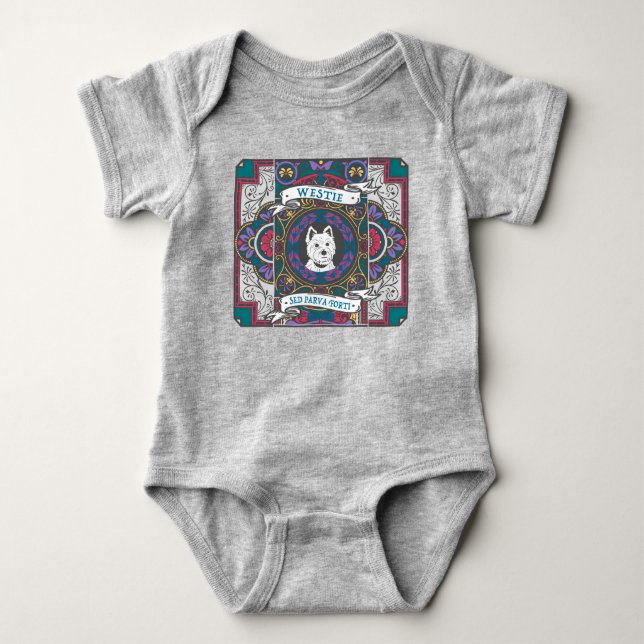 Westie Stained Glass "Small But Mighty" Baby Bodysuit (Front)