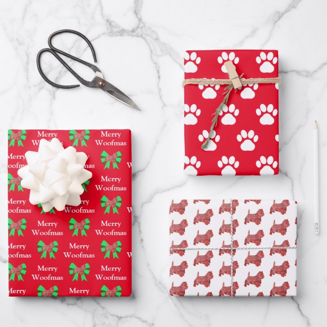 Westie Terrier Dog Silhouette Green Merry Woofmas Wrapping Paper Sheets (Front)