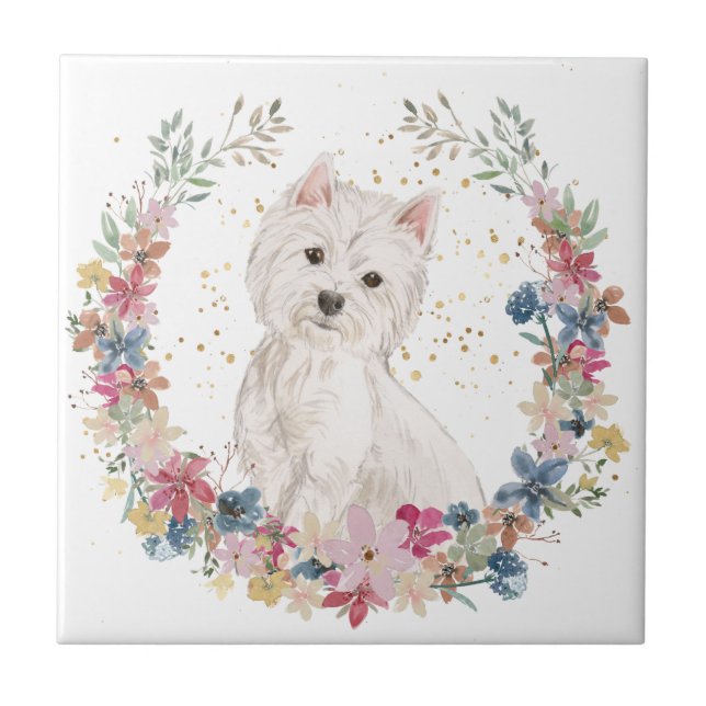 Westie Terrier Spring Flowers Wreath Ceramic Tile (Front)
