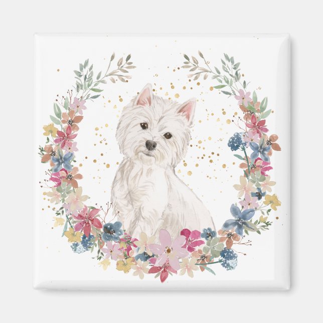 Westie Terrier Spring Flowers Wreath Magnet (Front)