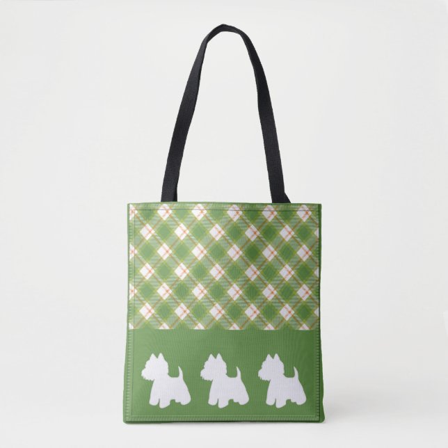 Westie Tote Bag Green Plaid (Front)
