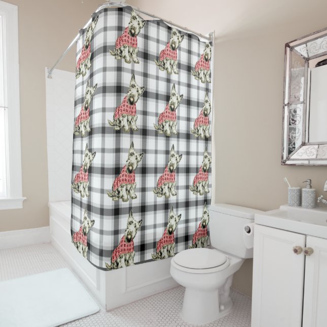 westie west highland dog tartan shower curtain (In Situ)