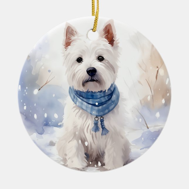 Westie Winter Christmas  Ceramic Ornament (Front)