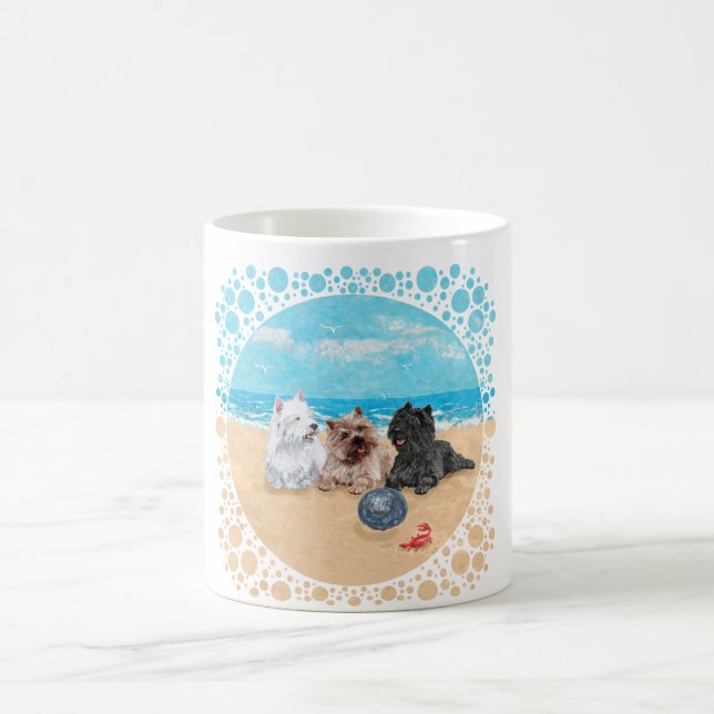 Westie with Cairn Terriers at the Beach Coffee Mug (Center)