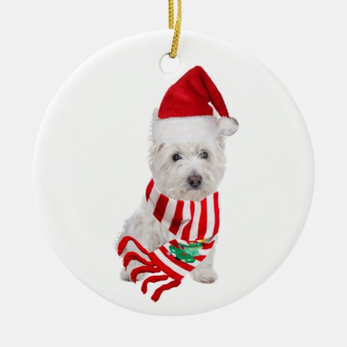 Westie With Hat Scaft Christmas Ceramic Ornament