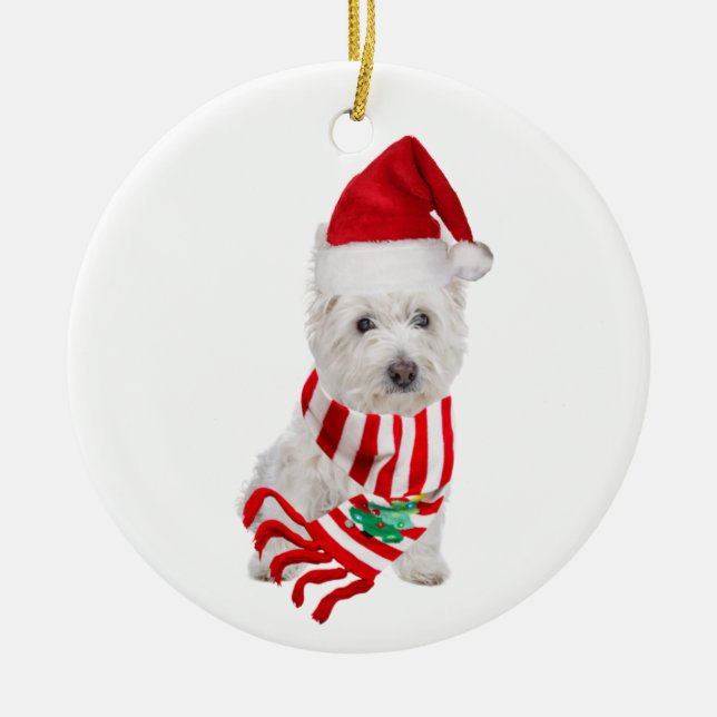 Westie With Hat Scaft Christmas Ceramic Ornament (Front)