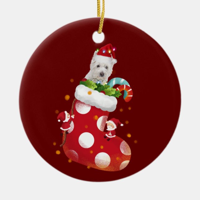 Westie With Hat Sock Christmas Ceramic Ornament (Front)