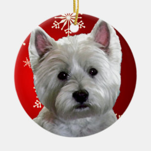 WESTIE WITH SNOWFLAKES CERAMIC ORNAMENT