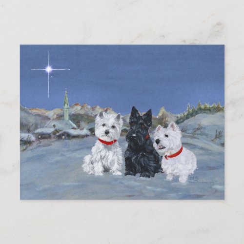 Westies and a Scottie Christmas Holiday Postcard