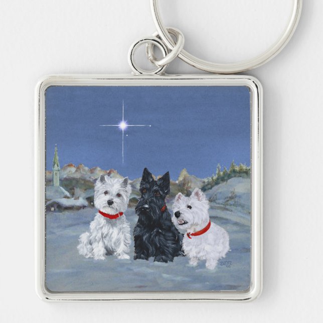 Westies and a Scottie Christmas Keychain (Front)