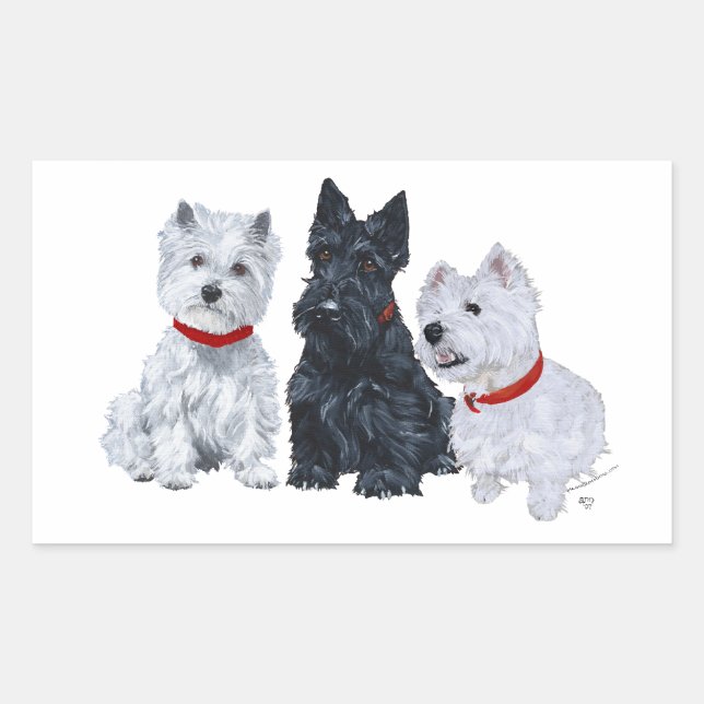 Westies and a Scottie Together Rectangular Sticker (Front)