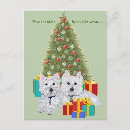 Westies by the Christmas Tree Holiday Postcard