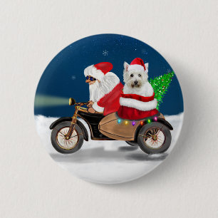 Westie's Festive Ride: Santa Claus on a Motorcycle Button