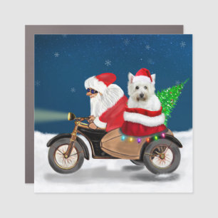 Westie's Festive Ride: Santa Claus on a Motorcycle Car Magnet
