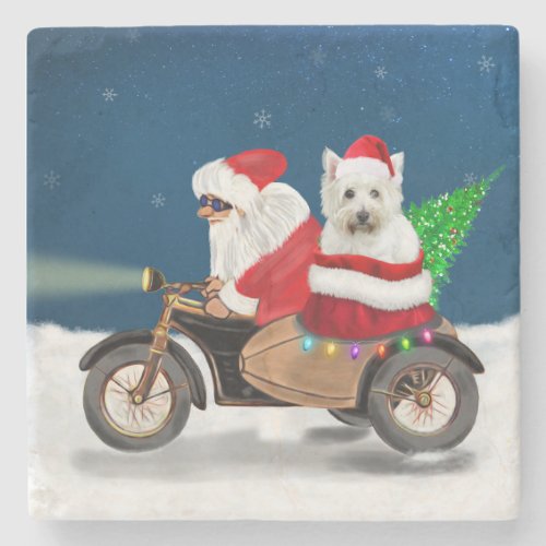Westies Festive Ride Santa Claus on a Motorcycle Stone Coaster