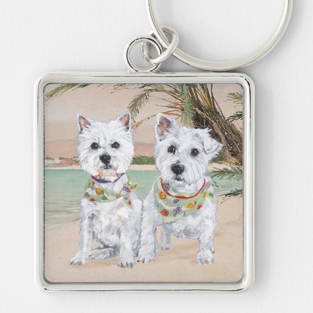 Westies on a Palmy Beach Keychain (Front)