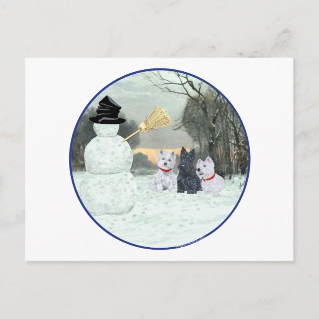 Westies & Scottie with Snowman Postcard (Front)