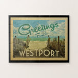 Westport Connecticut Beach Vintage Travel Jigsaw Puzzle<br><div class="desc">This Greetings From Westport vintage postcard design features a sandy beach with a beautiful turquoise ocean water and above the sea,  a blue sky with billowy white clouds. In vintage travels style.</div>