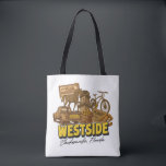 Westside Neighborhood Tote Bag<br><div class="desc">This vibrant design celebrates the heart of Jacksonville’s Westside, showcasing landmarks and cultural icons that define the area. Featured highlights include the Jacksonville Equestrian Center’s striking horse sculpture, the Cecil Airport control tower, and a bicycle representing the scenic Baldwin Rail Trail. Local favorites like roadside boiled peanuts, the Ramona Flea...</div>