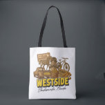Westside Neighborhood Tote Bag<br><div class="desc">This vibrant design celebrates the heart of Jacksonville’s Westside, showcasing landmarks and cultural icons that define the area. Featured highlights include the Jacksonville Equestrian Center’s striking horse sculpture, the Cecil Airport control tower, and a bicycle representing the scenic Baldwin Rail Trail. Local favorites like roadside boiled peanuts, the Ramona Flea...</div>