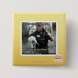 Wet cat and gun pinback button
