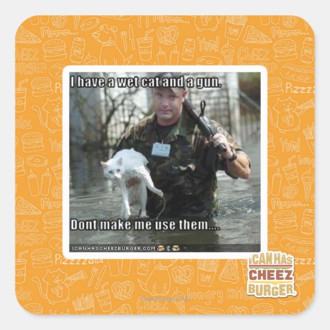 Wet cat and gun square sticker (Front)