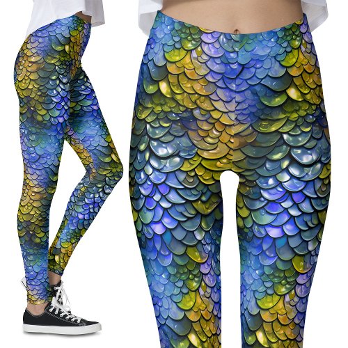 Wet Look Blue Yellow Mermaid Fantasy Dragon Scales Leggings