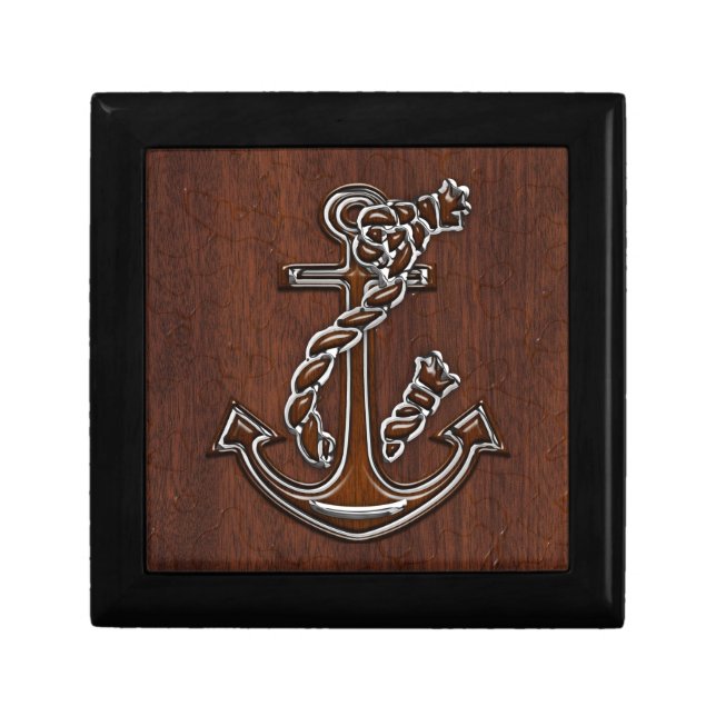 Wet Nautical Mahogany Anchor Steel Decor Jewelry Box (Front)