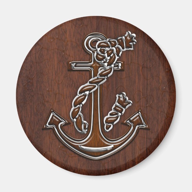 Wet Nautical Mahogany Anchor Steel Decor Magnet (Front)