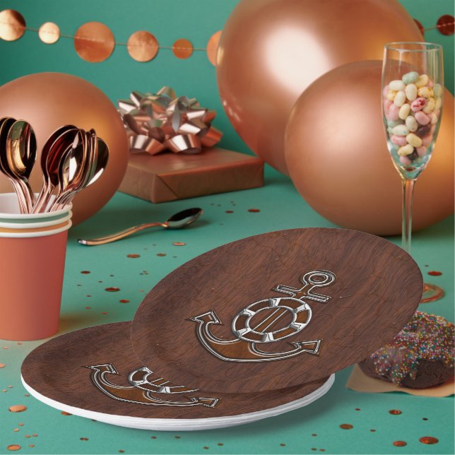 Wet Nautical Mahogany Anchor Steel Decor Paper Plates (Multi)
