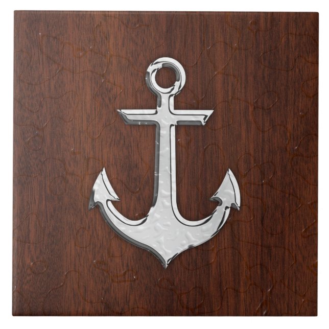 Wet Nautical Mahogany Anchor Steel Decor Tile (Front)