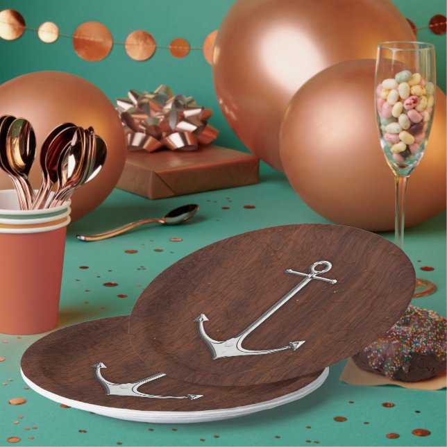 Wet Nautical Mahogany Anchor Steel Paper Plates (Multi)