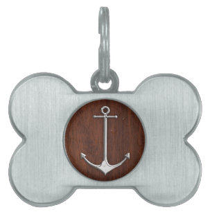 Wet Nautical Mahogany Anchor Steel Pet Name Tag