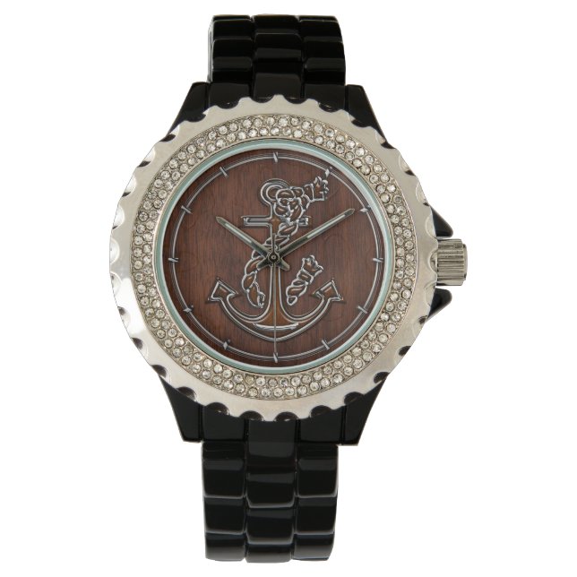 Wet Nautical Mahogany Anchor Steel Watch (Front)