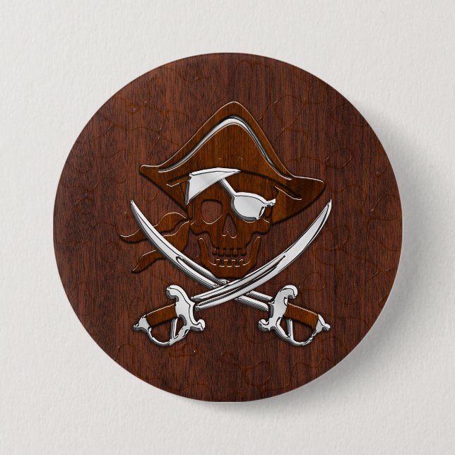 Wet Nautical Mahogany Pirate Skull Steel Pinback Button (Front)