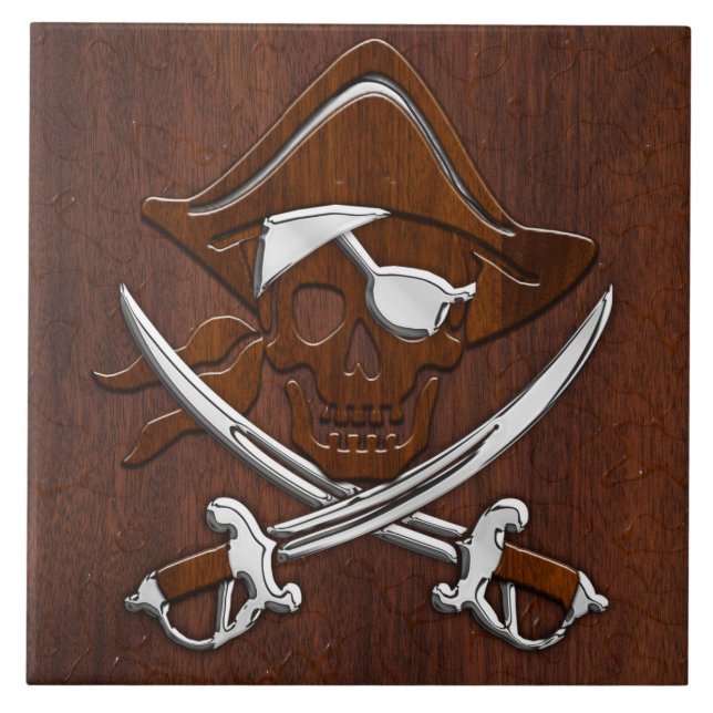 Wet Nautical Mahogany Pirate Skull Steel Tile (Front)