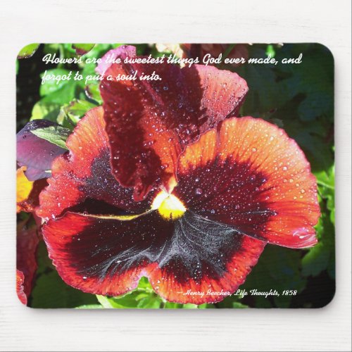 Wet Pansy with Henry Beecher quote mousepad