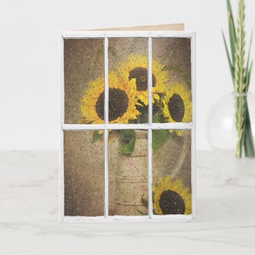 wet window with sunflower bouquet card