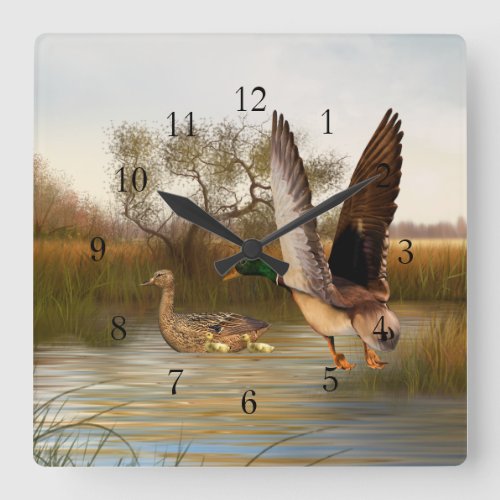 Wetland Ducks in Flight Square Square Wall Clock