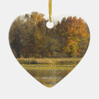 WETLAND WITH AUTUMN TREES IN BACKGROUND AND DUCKS CERAMIC ORNAMENT