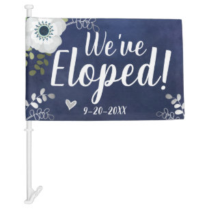 We've Eloped with Custom Date Floral Blue Car Flag