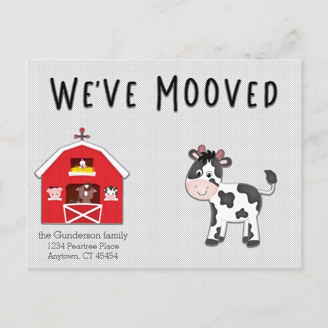We've Mooved Cow in Barnyard Postcard (Front)