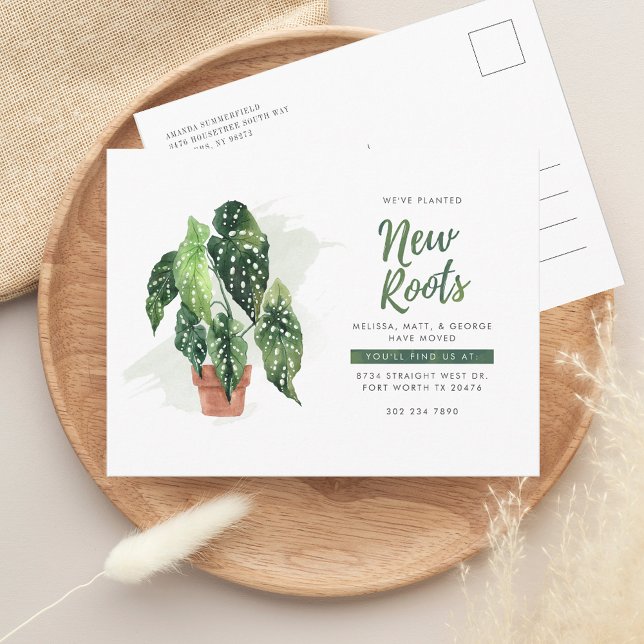 We've Moved Address Moving Announcement Postcard (New Roots Change of Address Watercolor Potted Plant Moving Announcement Postcard)