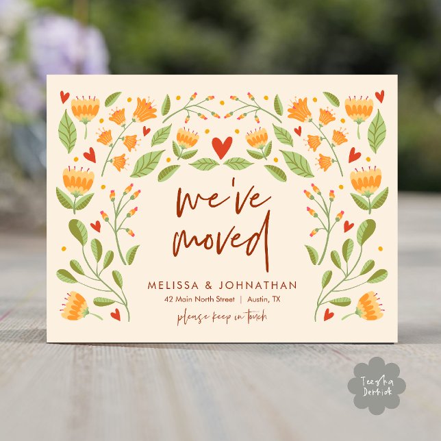 We've Moved, Autumn New Home Announcement  Postcard (We've Moved, New Home Address Announcement Postcard in Wild Flowers Beige Autumn Greenery theme)