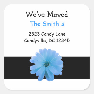 We've Moved Black Ribbon Blue Flower Square Sticker