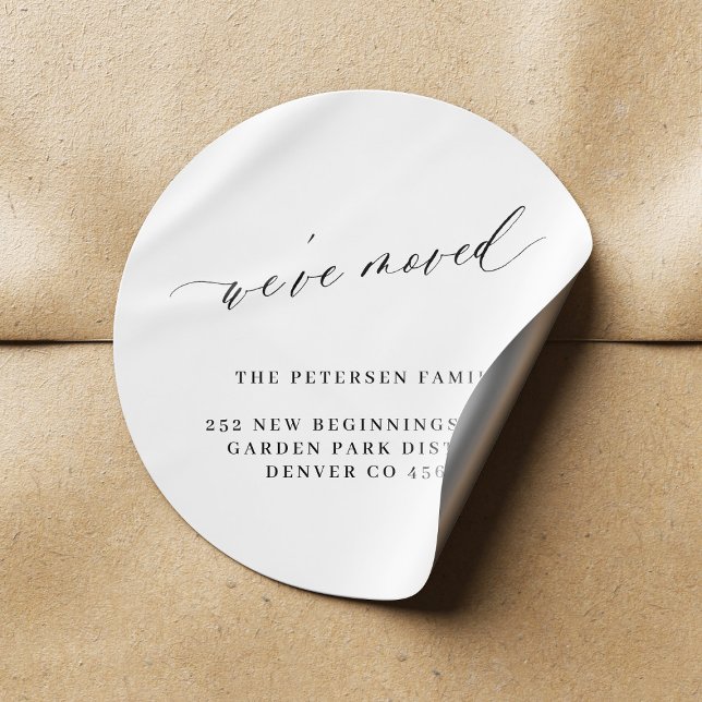 We've moved black white elegant script new address classic round sticker (Creator Uploaded)