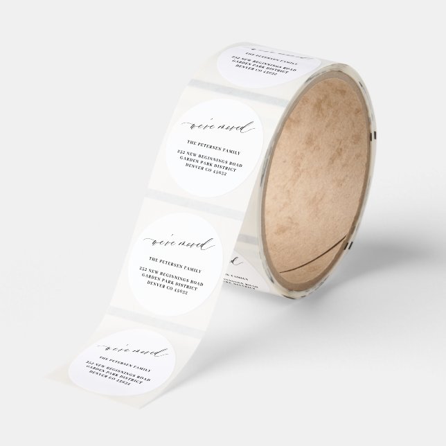 We've moved black white elegant script new address classic round sticker (Roll)